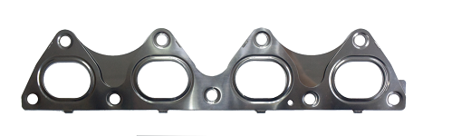 A multi-layered metal exhaust manifold gasket designed to create a seal between the engine's cylinder head and the exhaust manifold, featuring four distinct port openings for exhaust flow.