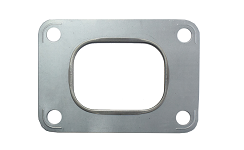 A silver-colored, rectangular turbocharger gasket with four bolt holes and a central oblong opening.