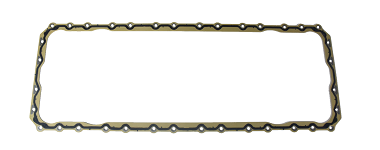 A rectangular, dark-colored Caterpillar oil pan gasket with a series of regularly spaced holes around its perimeter, designed to seal the oil pan on an engine.