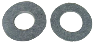 Two circular, gray felt washers with a central hole are displayed against a white background, appearing slightly textured and consistent in size and shape.